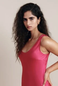 Palm Hot Pink Satin Slip Midi Dress Hot Pink -Chic Aura Clothing D05G003 H38 25669 650px 964px