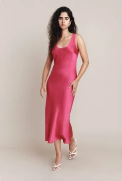 Palm Hot Pink Satin Slip Midi Dress Hot Pink -Chic Aura Clothing D05G003 H38 25671 650px 964px