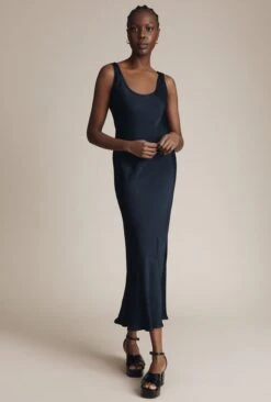 Palm Satin Slip Midi Dress Navy