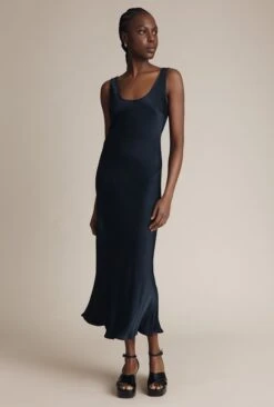Palm Satin Slip Midi Dress Navy -Chic Aura Clothing D05G003 K10 24931 650px 964px
