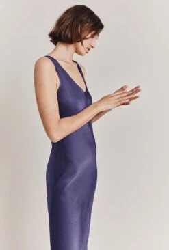 Palm Satin Slip Midi Dress Purple