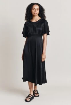 Flora Satin Midi Dress Black