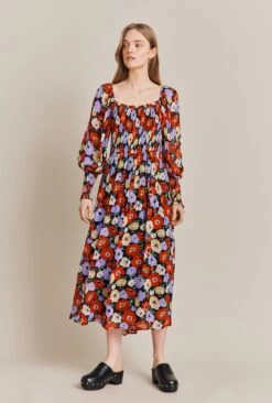 Kristie Crepe Midi Dress Poppy Floral Black -Chic Aura Clothing D06G022A Z25 27546 650px 964px