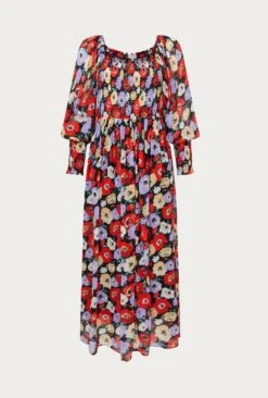Kristie Crepe Midi Dress Poppy Floral Black -Chic Aura Clothing D06G022A Z25 27547 650px 964px
