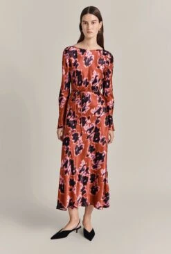 Christine Satin Midi Dress Rust Ikat Print -Chic Aura Clothing D07G025 Z74 29419 650px 964px