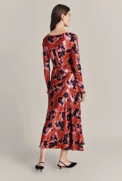 Christine Satin Midi Dress Rust Ikat Print -Chic Aura Clothing D07G025 Z74 29422 650px 964px