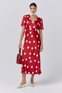 Elizabeth Polka Dot Satin Midi Tea Dress