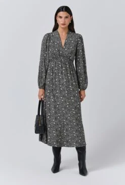 Petal Crepe V Neck Midi Waisted Dress