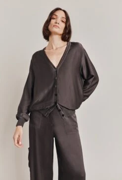 Mia Satin Bomber Jacket Dark Charcoal