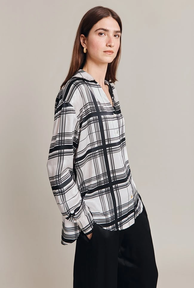 Amy Satin Long Sleeve Shirt Black Check 3 Amy Satin Long Sleeve Shirt Black Check - Image 2