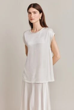 Melody Satin Short Sleeve Top Ivory